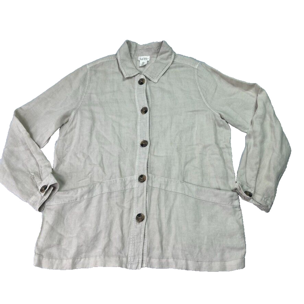 Nicole Miller Jacket Womens Large Beige Button Up Linen Blend Lightweight Lagen